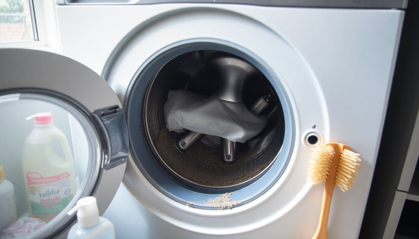 Een vieze wasmachine met schoonmaakmiddelen en borstel in de wasruimte.