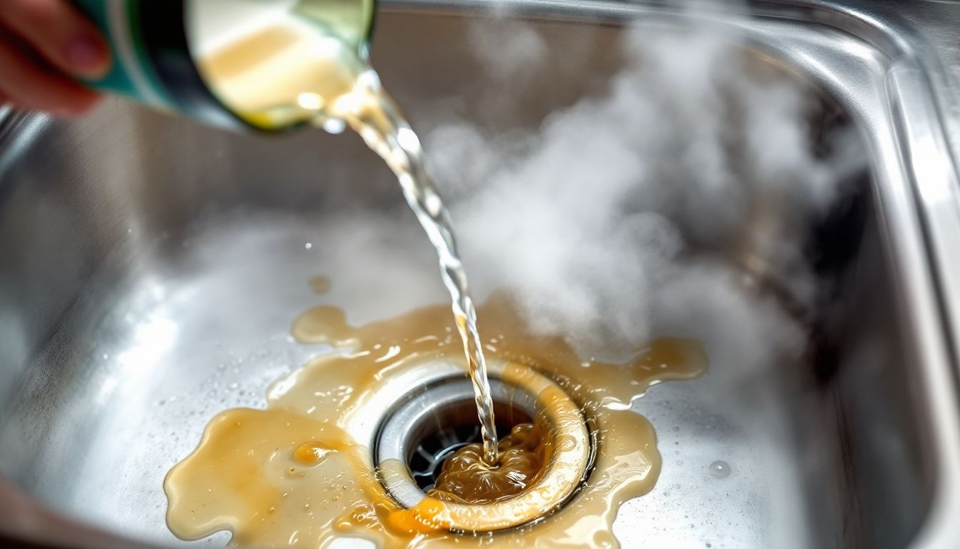 Een verstopte gootsteen wordt gereinigd met heet water en afwasmiddel.