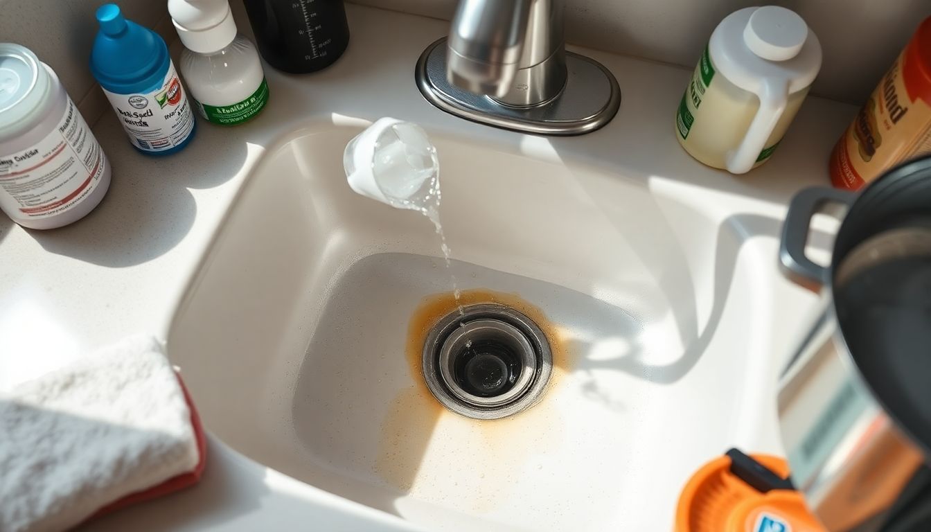 Een verstopte gootsteen wordt gereinigd met baking soda en azijn.