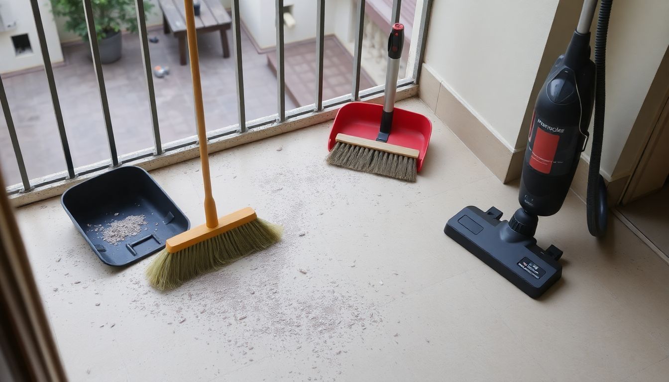 Een bezem, stoffer en blik en een stofzuiger op een balkon.