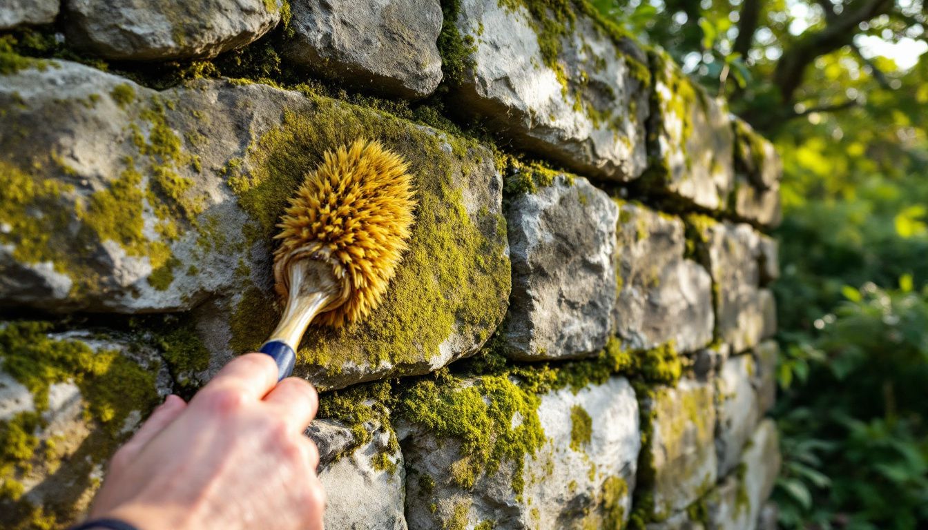 Een verweerde stenen muur bedekt met mos wordt schoongemaakt in een tuin.