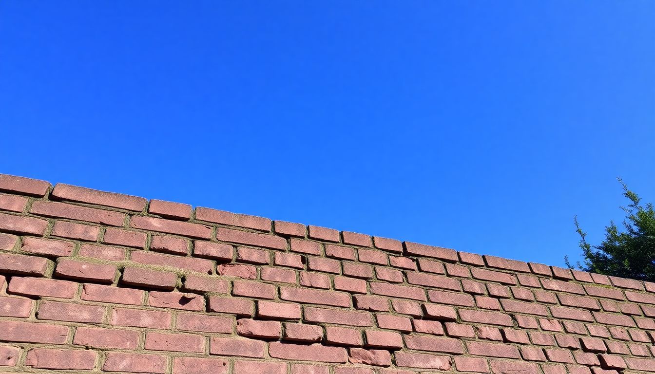 Een verweerde bakstenen muur met mos tegen een helderblauwe lucht.