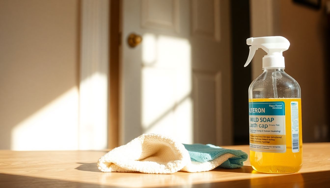 Een schone deur met schoonmaakbenodigdheden, benadrukt veilige reinigingsmethoden. Een schone deur met schoonmaakbenodigdheden, benadrukt veilige reinigingsmethoden.