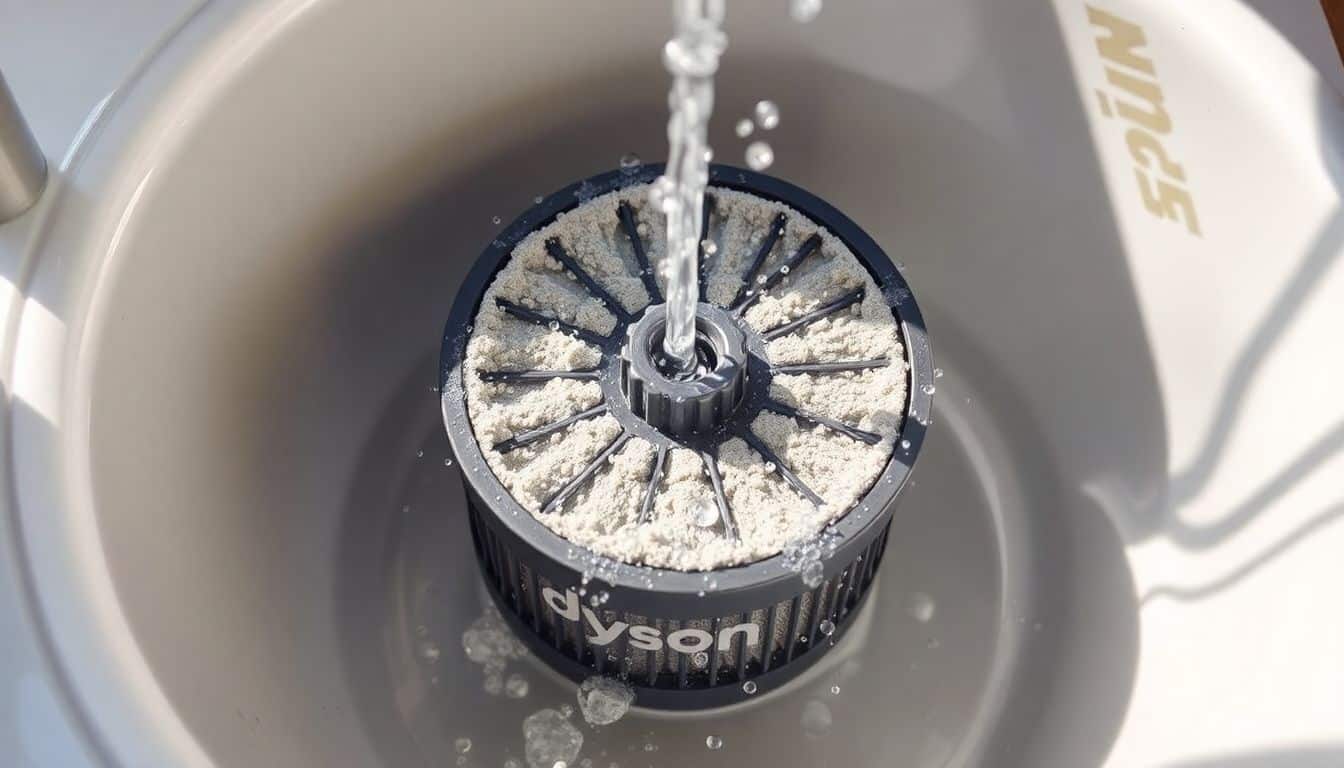 Een stoffige Dyson-filter wordt onder een koude waterstraal schoongespoeld in een gootsteen.