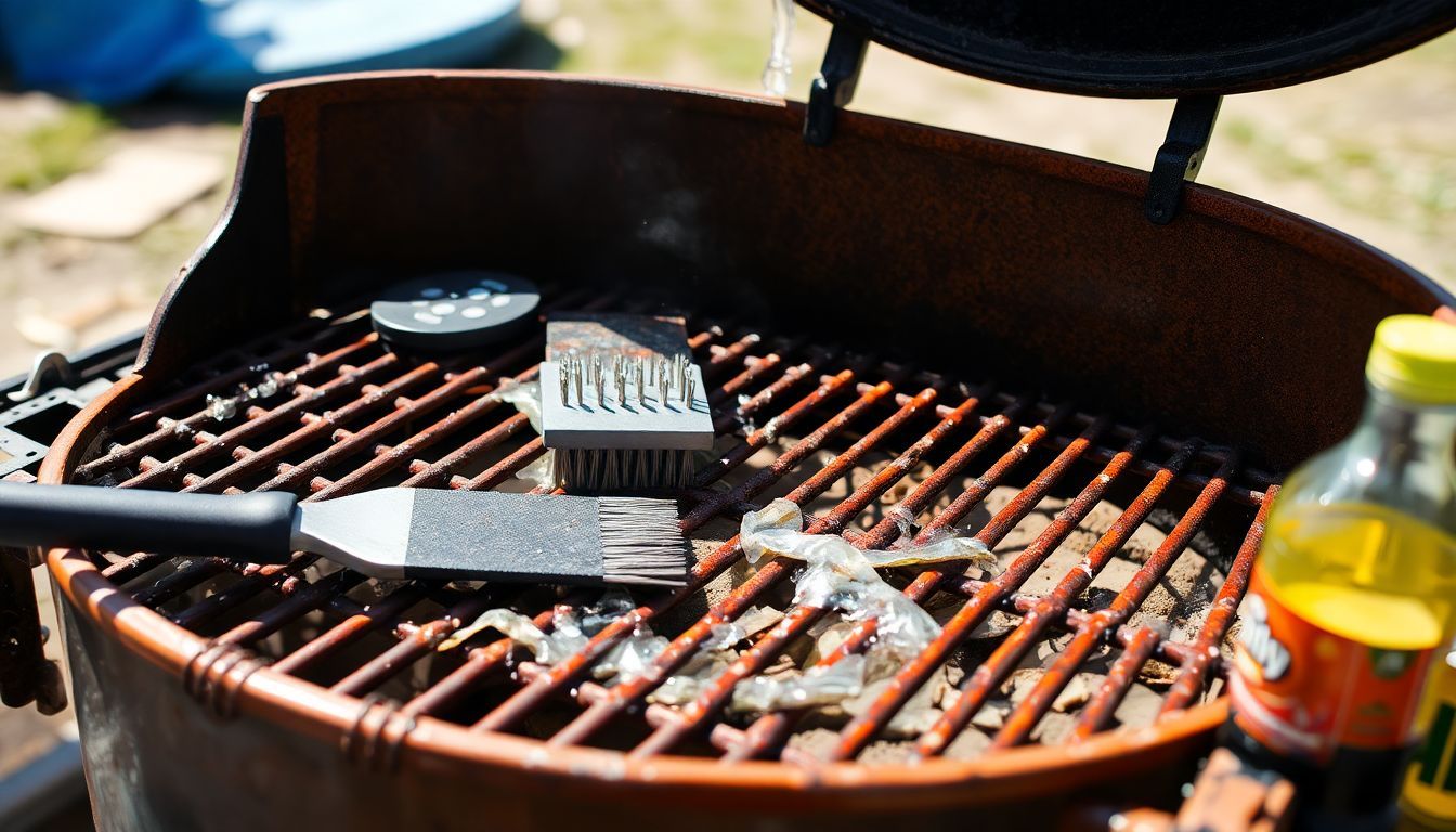 Een roestige barbecue wordt schoongemaakt en voorbereid voor gebruik.