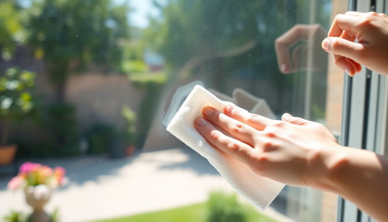 Een microvezeldoek wordt gebruikt om een ​​raam streeploos schoon te maken.
