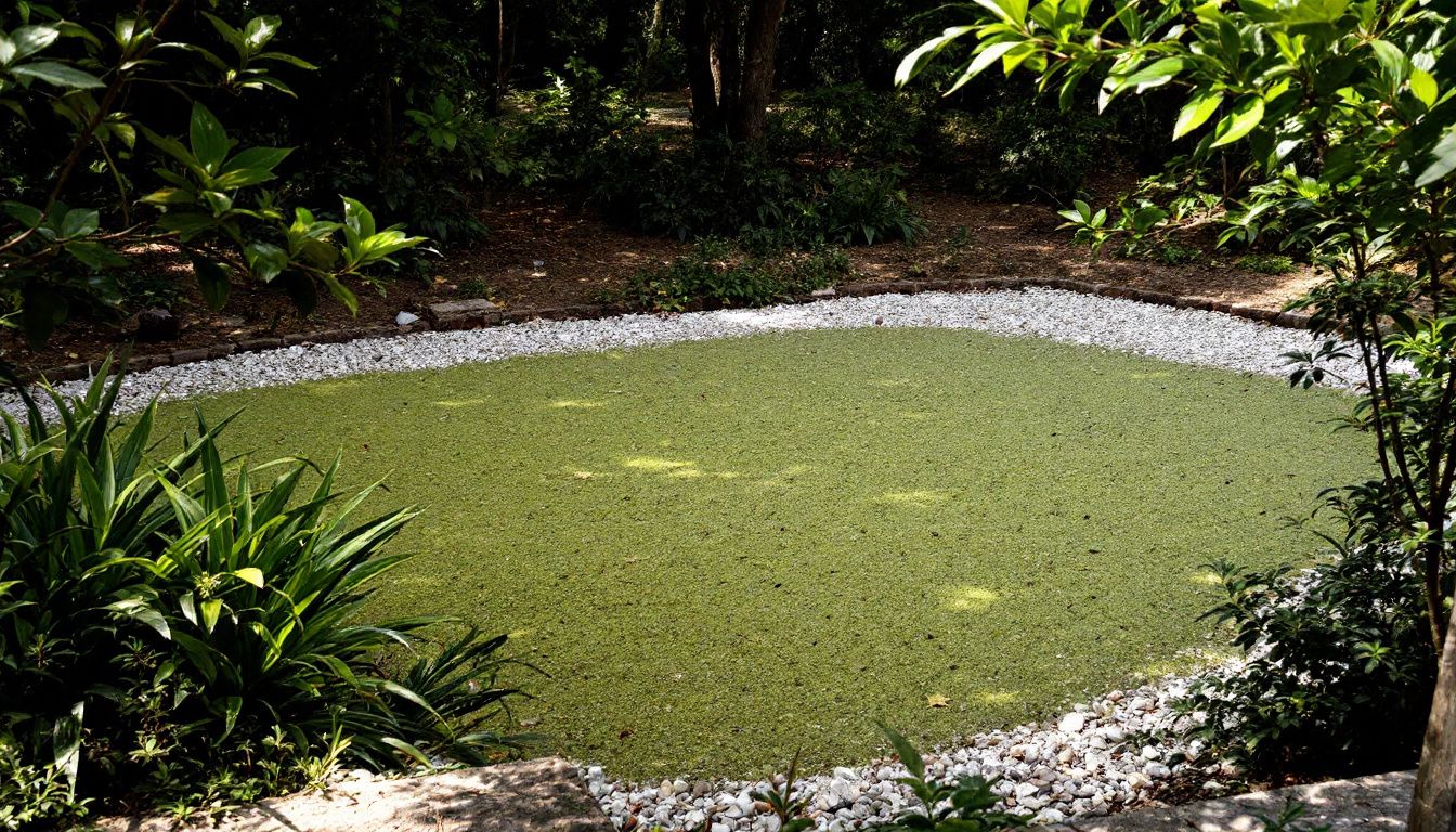 Een rustige tuinscene met groene algen bedekt grind en weelderige planten.