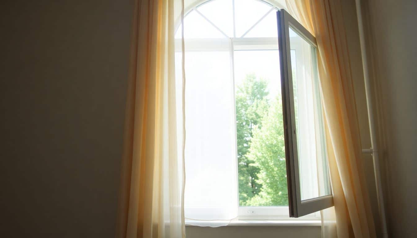 Een kamer met natuurlijk licht dat door een open raam binnenstroomt.