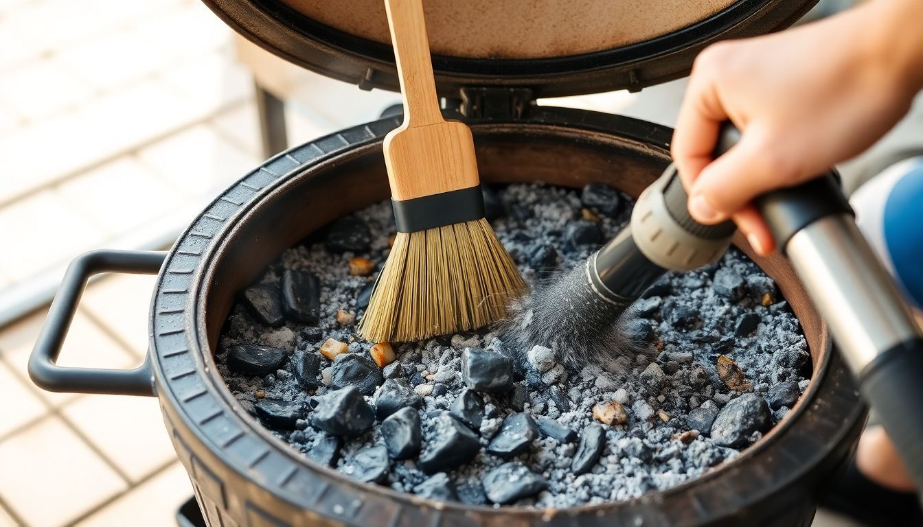 Een kamado BBQ-grill wordt gereinigd met een bezem en stofzuiger.