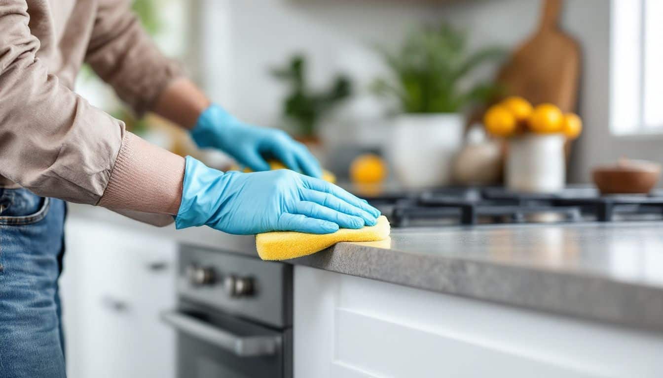 Handen reinigen witte matte keukenkasten met spons in moderne keuken.