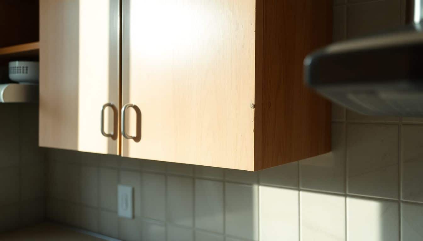 Een stoffige keukenkast met vetvlekken en vingerafdrukken.