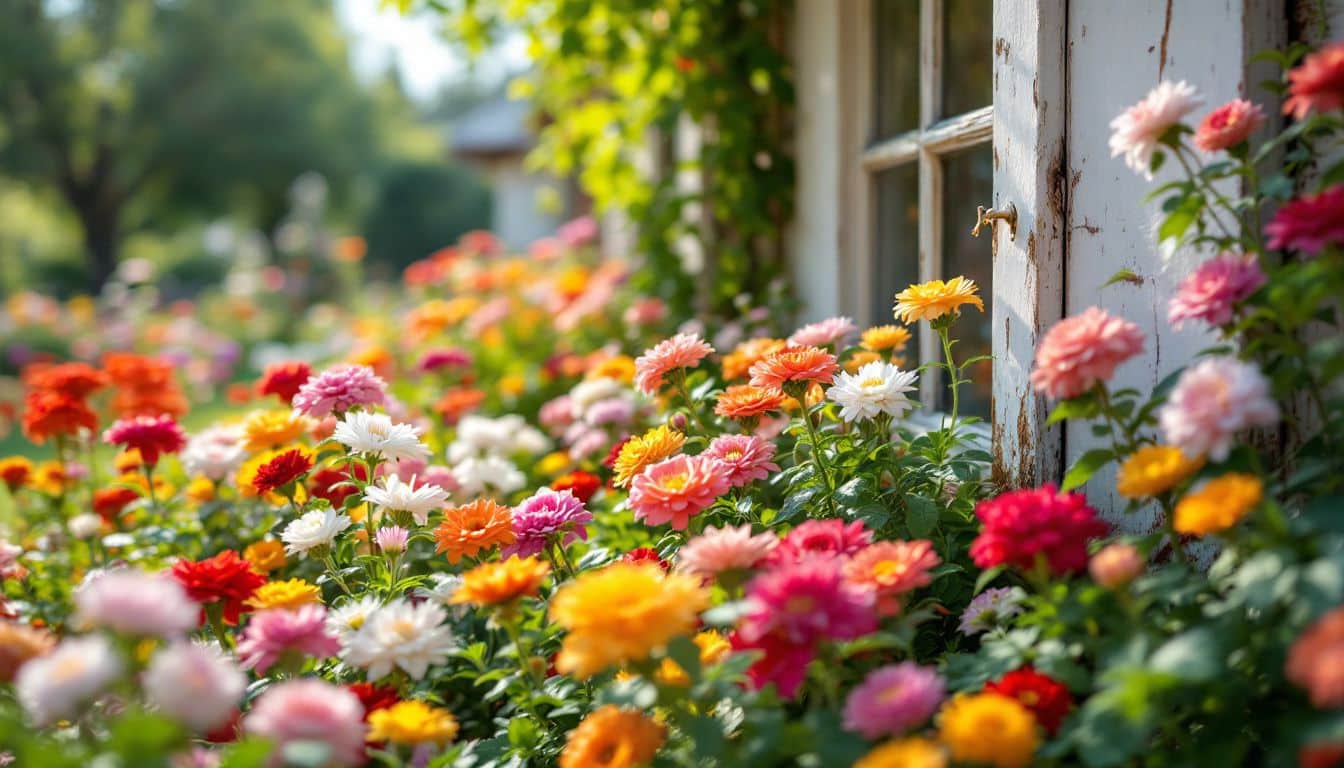 Een raamkozijn met afbladderende verf in een bloeiende tuin.