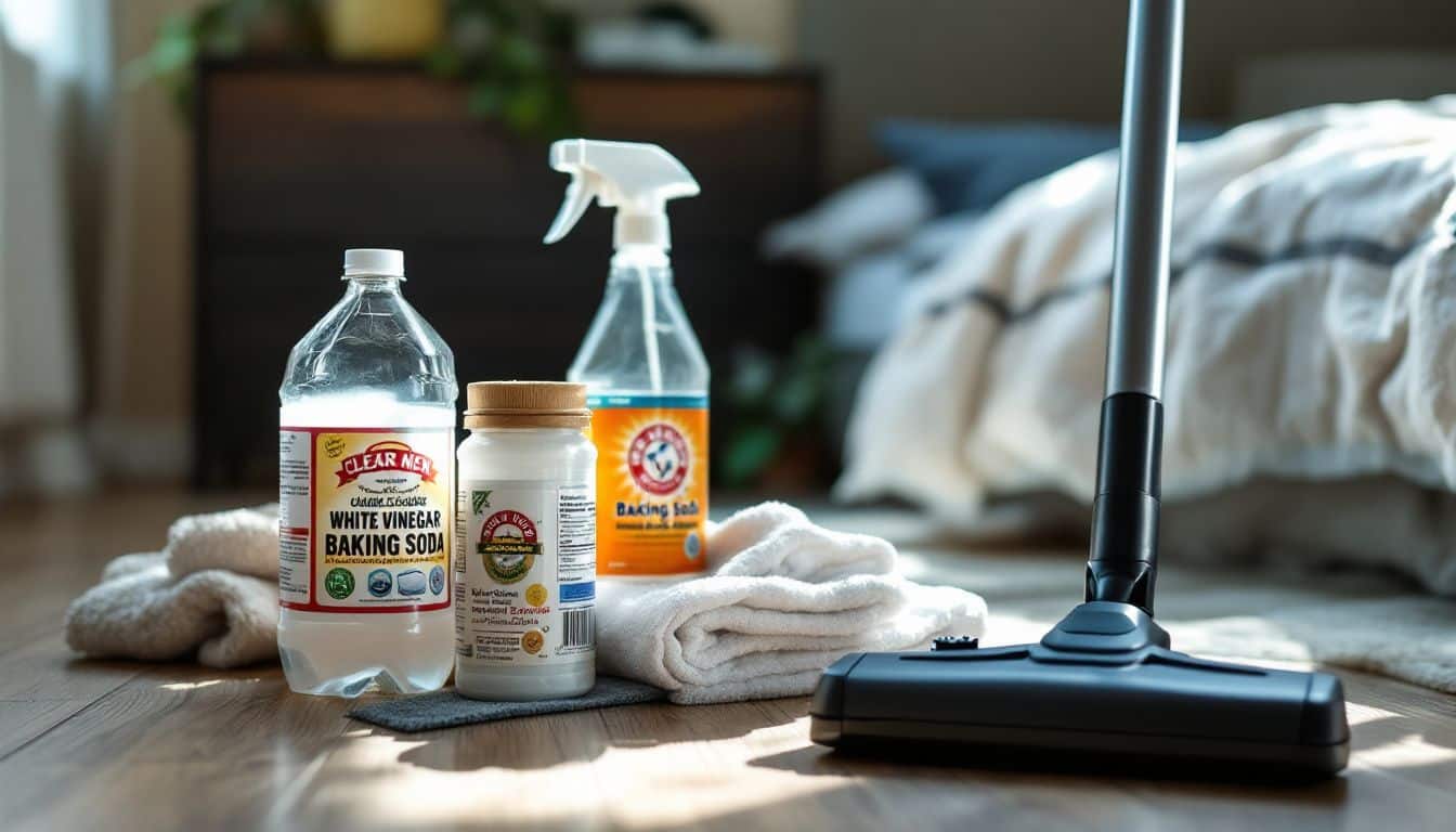 Een set schoonmaakbenodigdheden voor het verwijderen van urinevlekken op een matras.