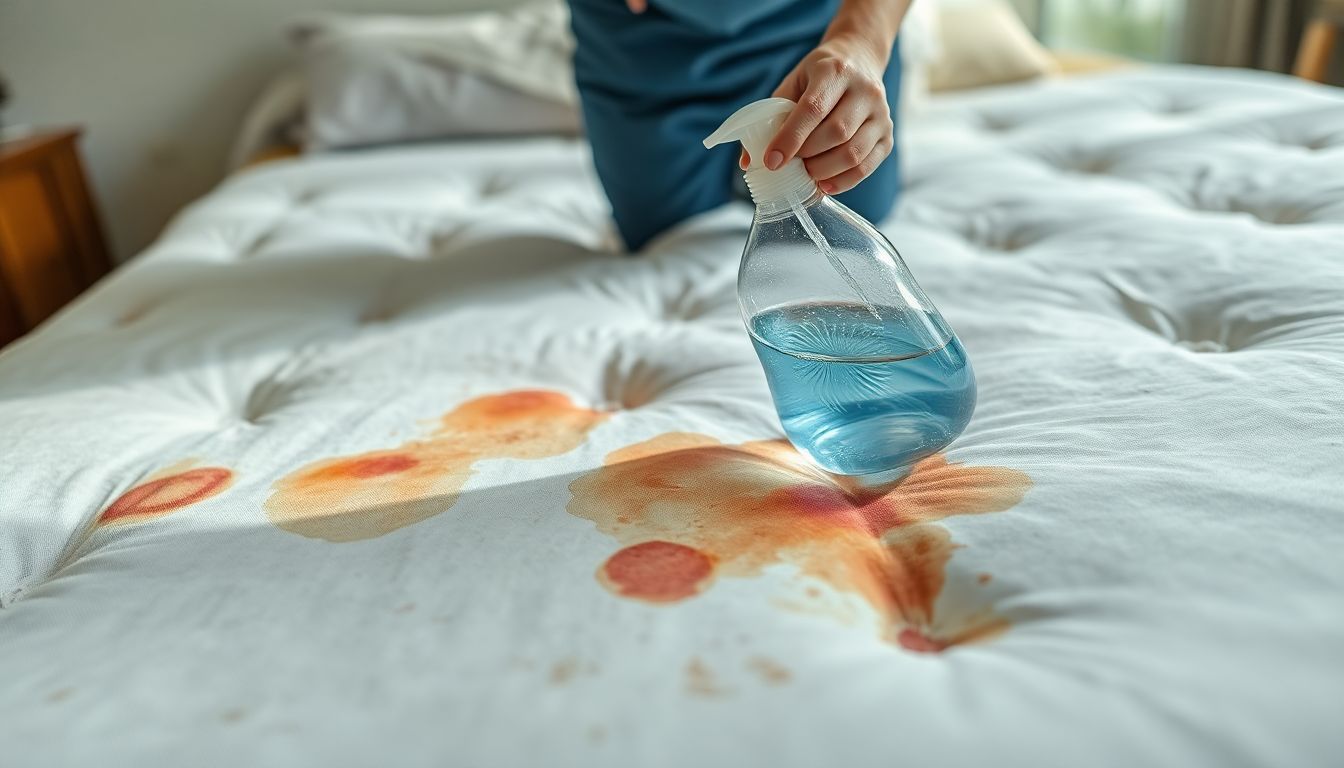 Een versleten matras wordt vlekken schoongemaakt met warm water en wasmiddel.