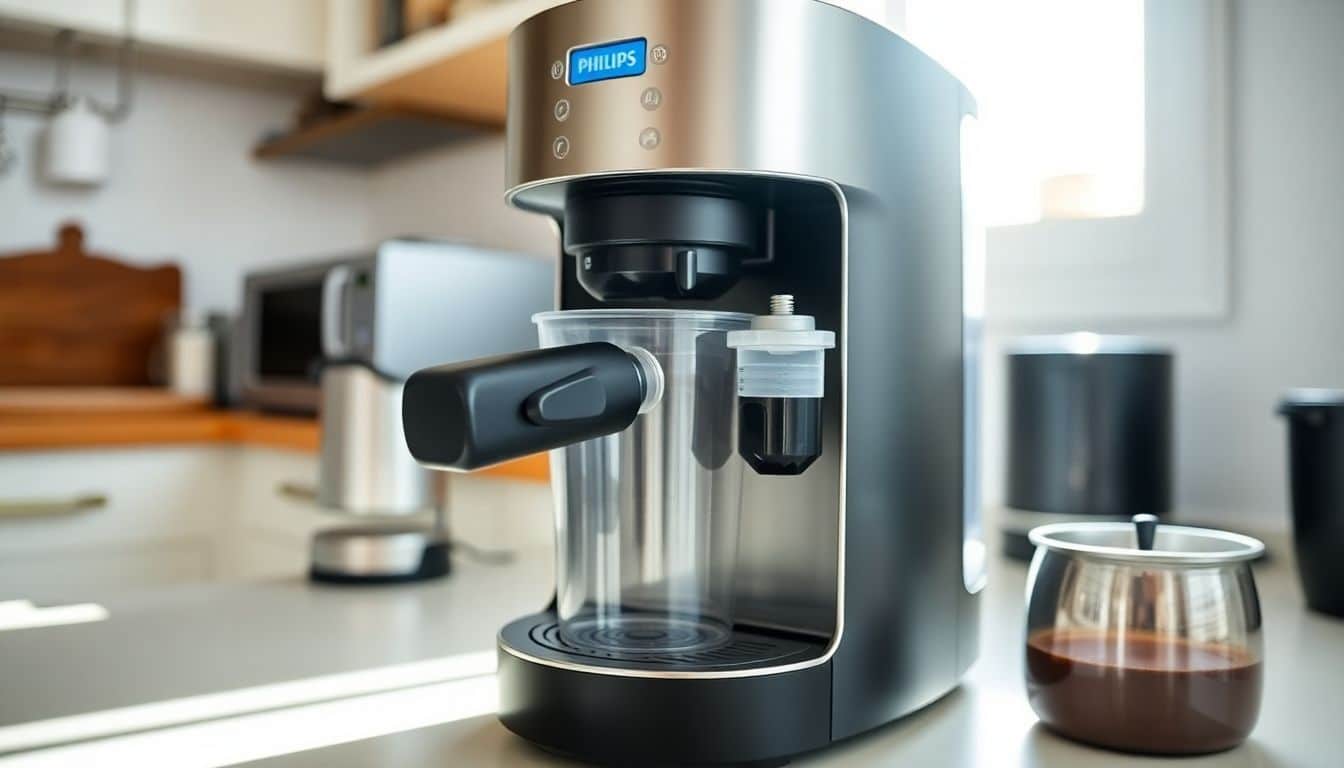 Een goed onderhouden Philips koffiemachine in een schone keuken.