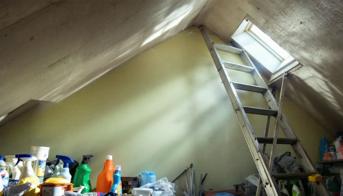 Een rommelige zolder met stof en spinnenwebben, ladder en schoonmaakspullen.