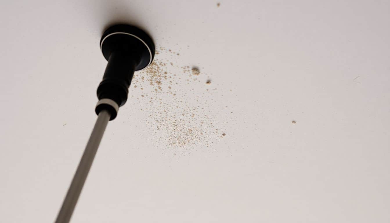 Een stoffige plafond wordt voorzichtig schoongemaakt.