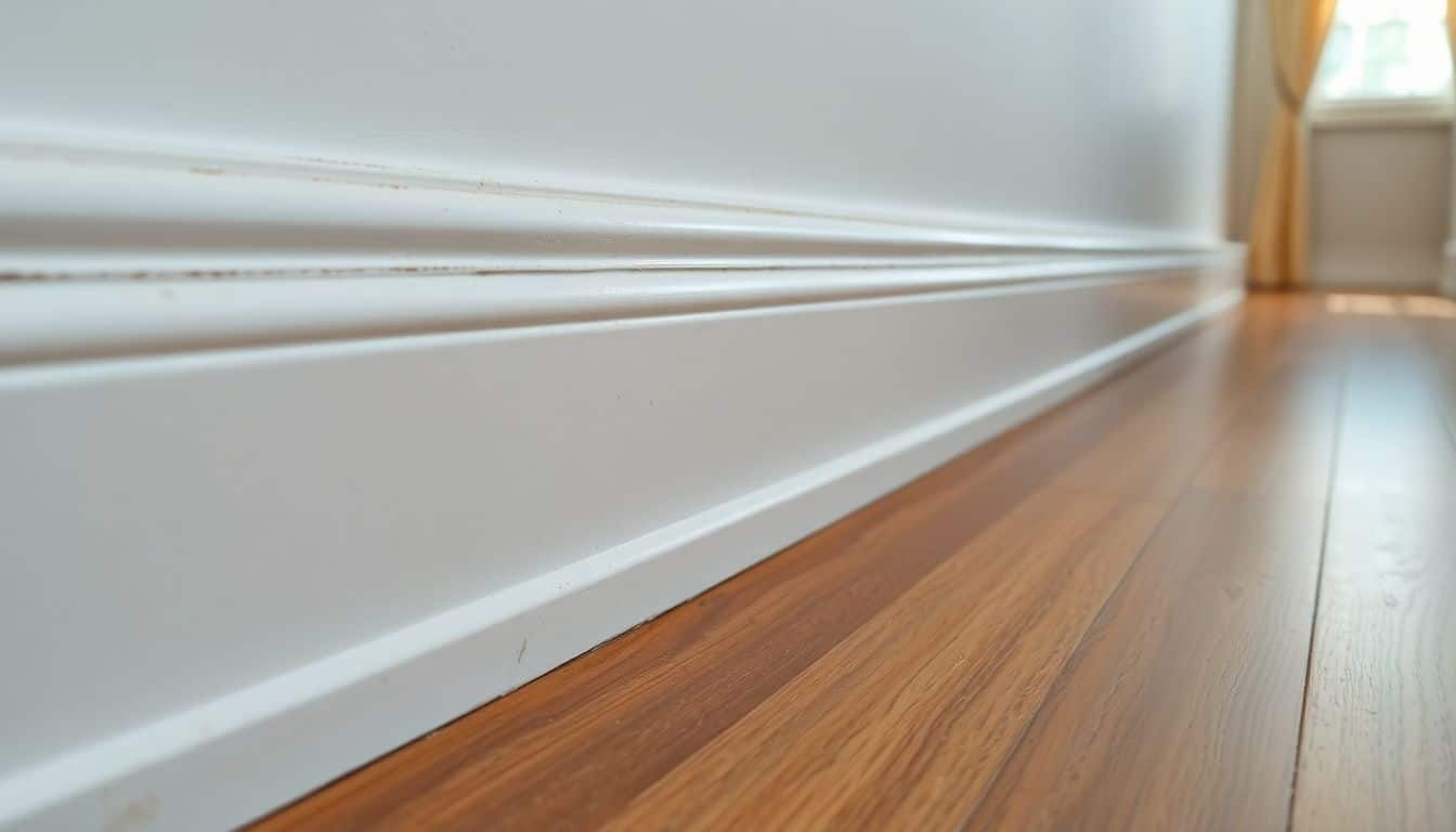 Een close-up foto van vuile en stoffige witte plinten in een woonkamer.