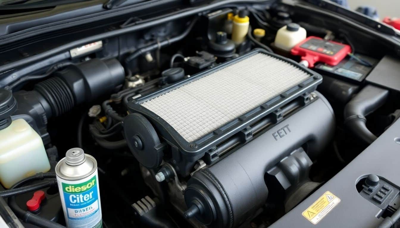 Een rommelige auto-motorruimte met een dieselroetfilter en gereedschap.