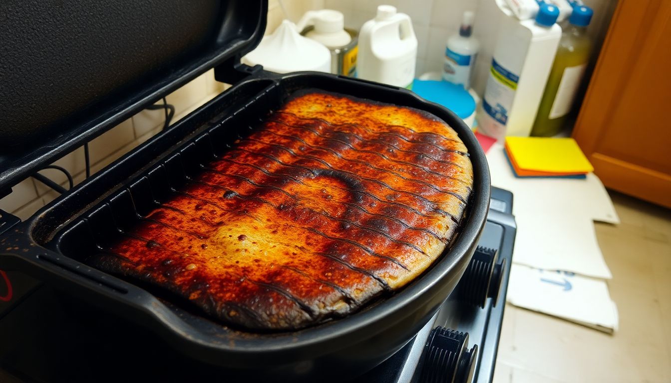 Een vette steen grill met verbrande resten in een rommelige keuken.