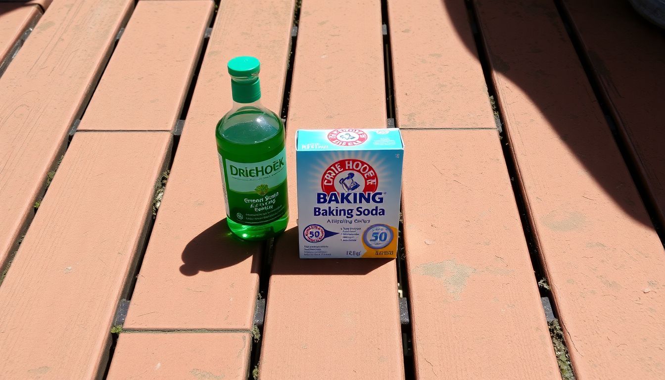 Een fles Driehoek groene zeep en een doos baksoda op een verweerd houten dek.