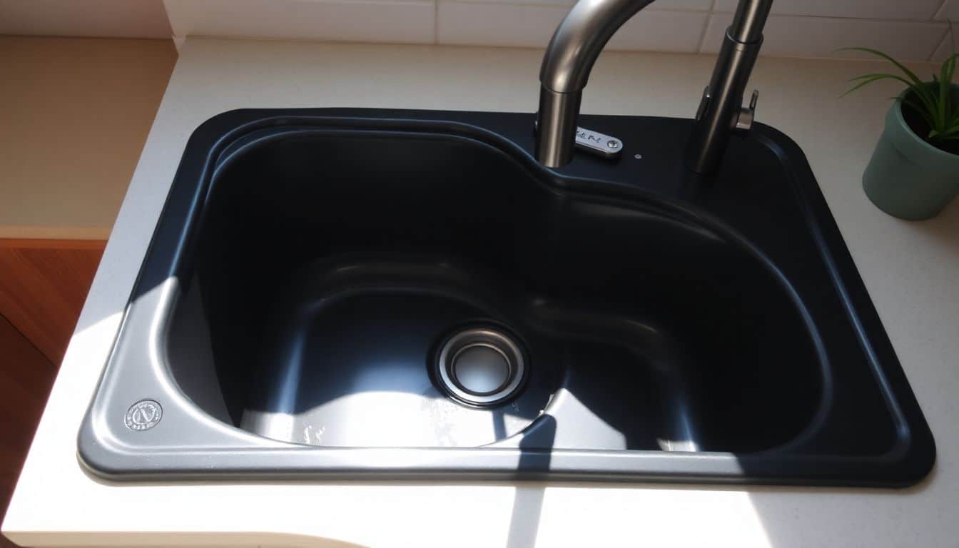 Een goed onderhouden zwart gootsteen in een moderne keuken.