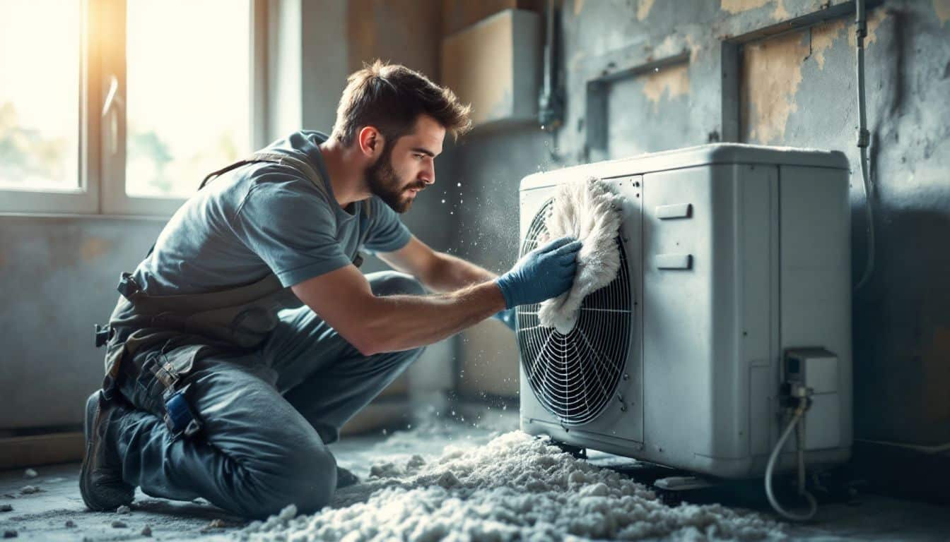 Een technicus reinigt een stoffige airconditioner in een kamer met zonlicht.