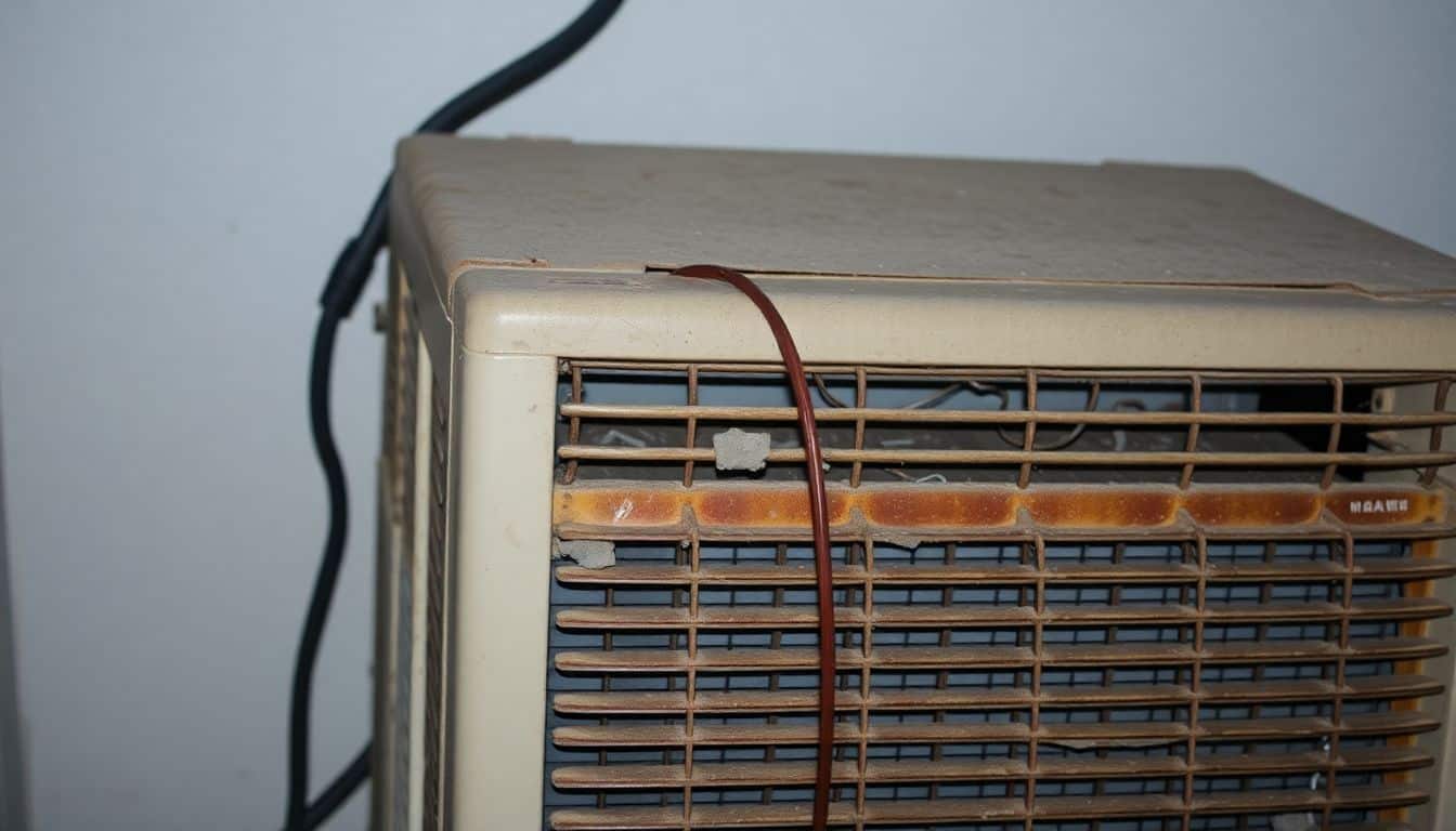 Een oude, stoffige airconditioning unit in een slecht verlichte kamer.