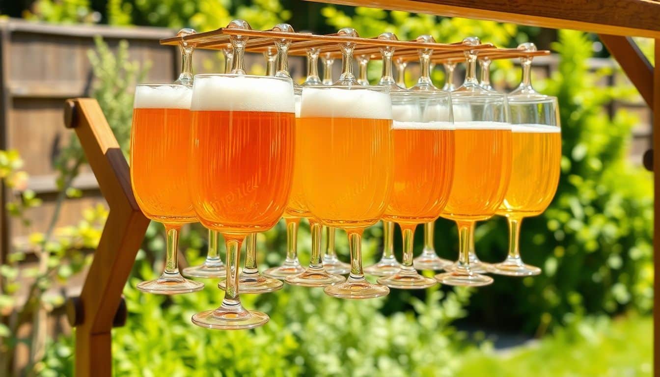 Bierglazen drogen op houten rek in zonnige tuin.