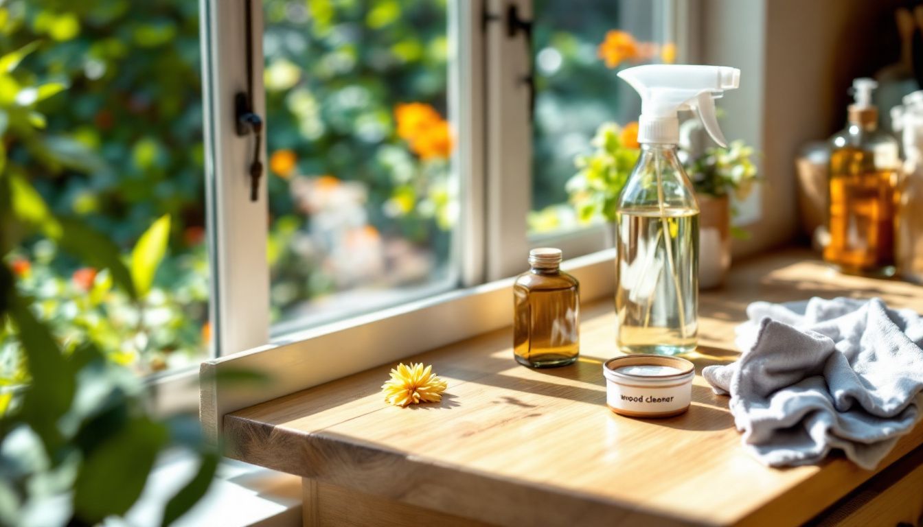 Een foto van een vintage houten eettafel in een zonnige keuken.