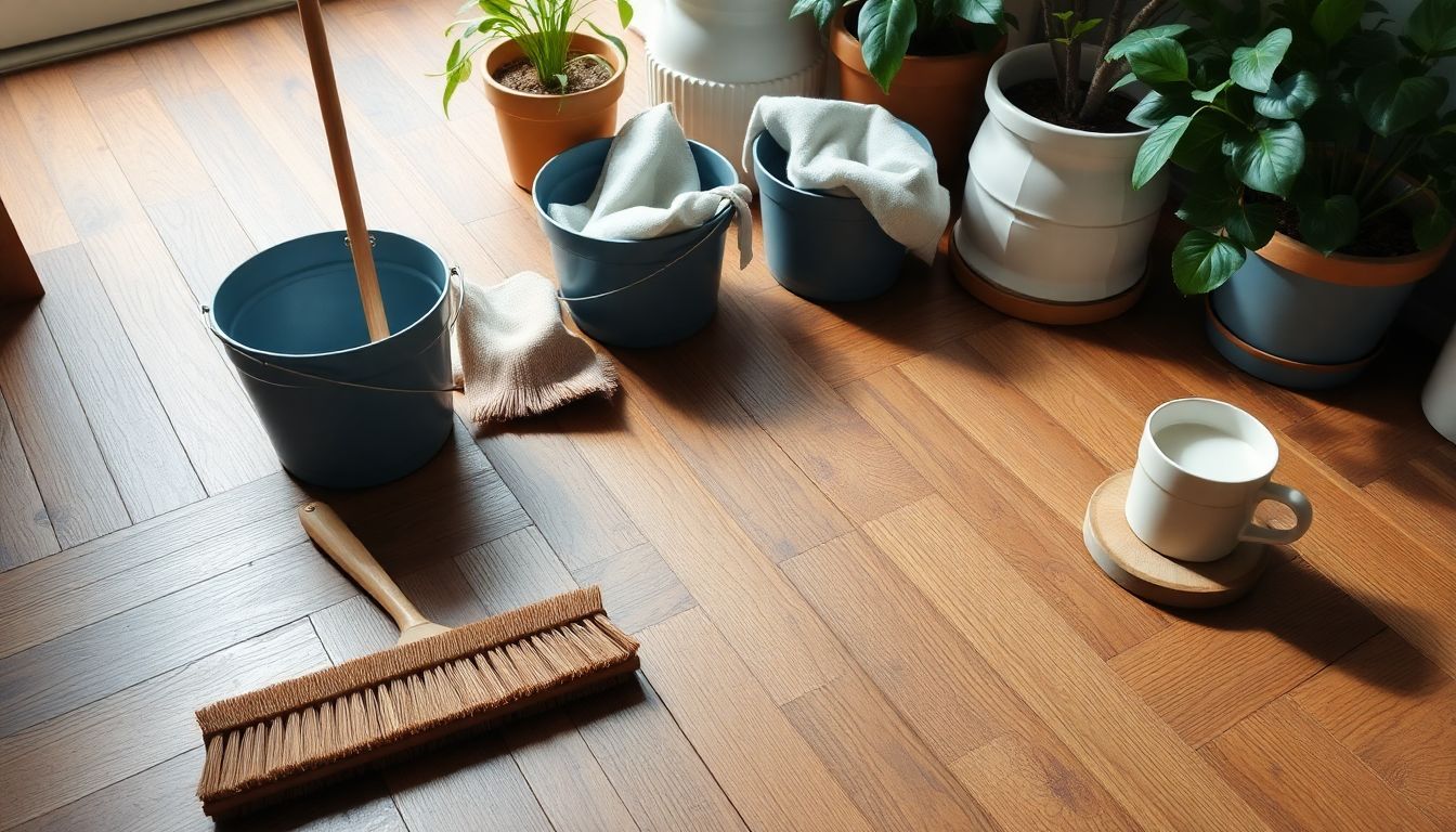 Een rustieke houten vloer met schoonmaakspullen en plantenpotten.