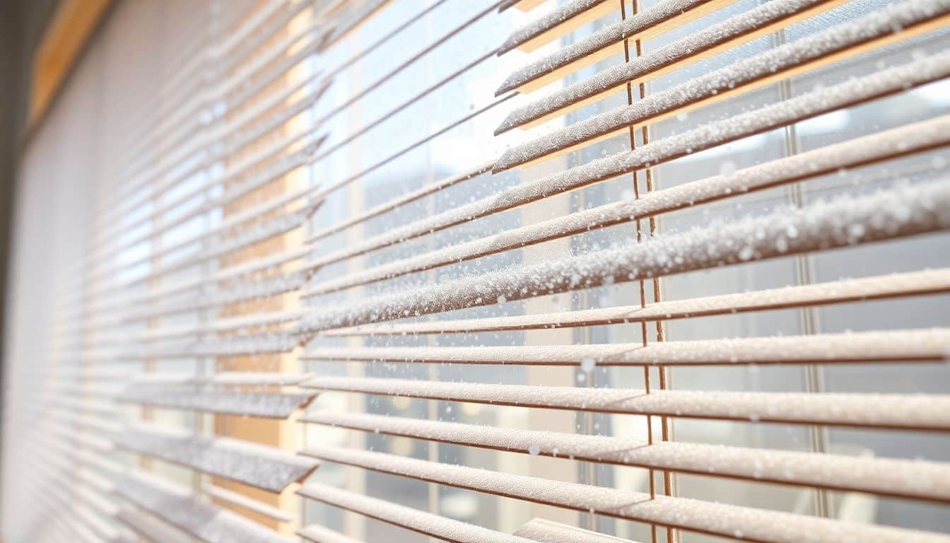 Een close-up foto van stoffige houten jaloezieën in een zonnige kamer.