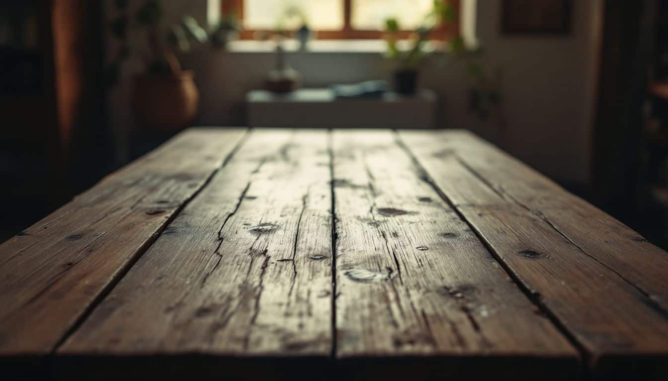 Een verweerde houten tafel in een warm verlichte kamer.