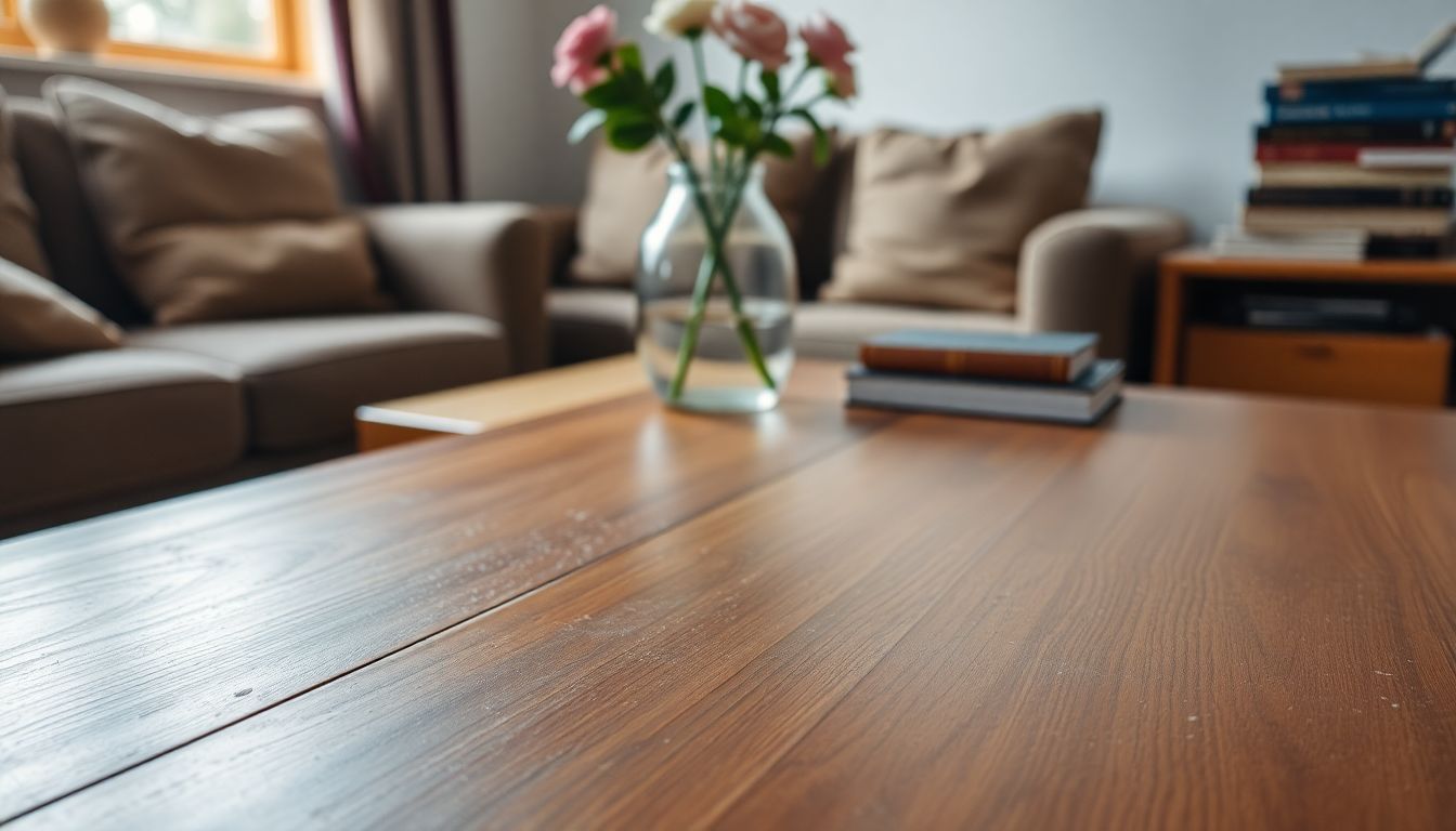 Een gezellige woonkamer met een stoffige tafel, bloemenvaas en boeken.