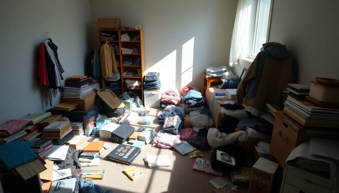 Een rommelige slaapkamer vóór het schoonmaken, met kleding, boeken en objecten.