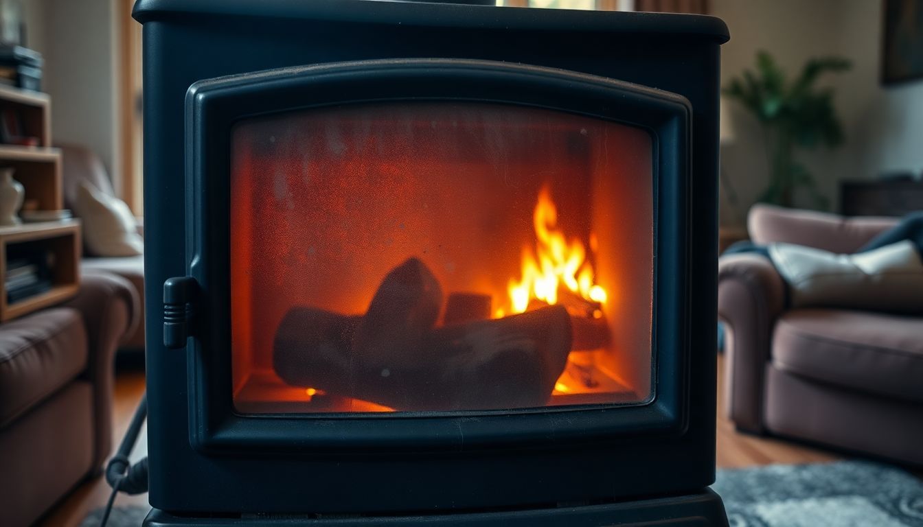 Een vuile houtkachel met een brandend vuur in een gezellige woonkamer.