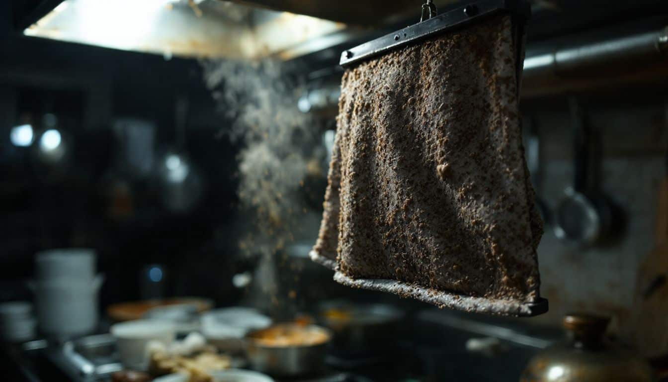 Een vuile koolstoffilter hangt boven een rommelige keuken.