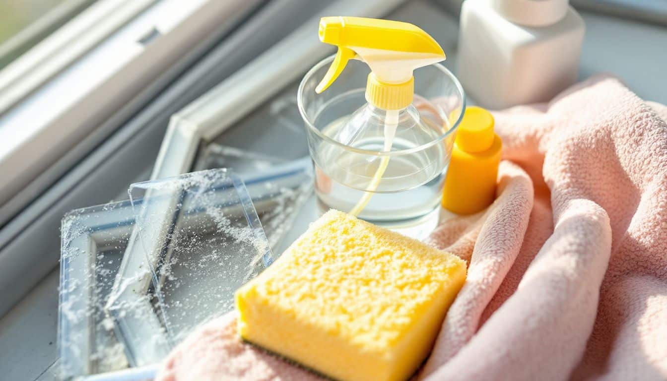 Vuil plastic raamkozijnen en schoonmaakbenodigdheden klaar voor reiniging.