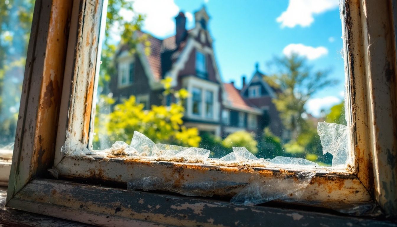 Een verweerd plastic raamkozijn in een traditioneel Nederlands huis.