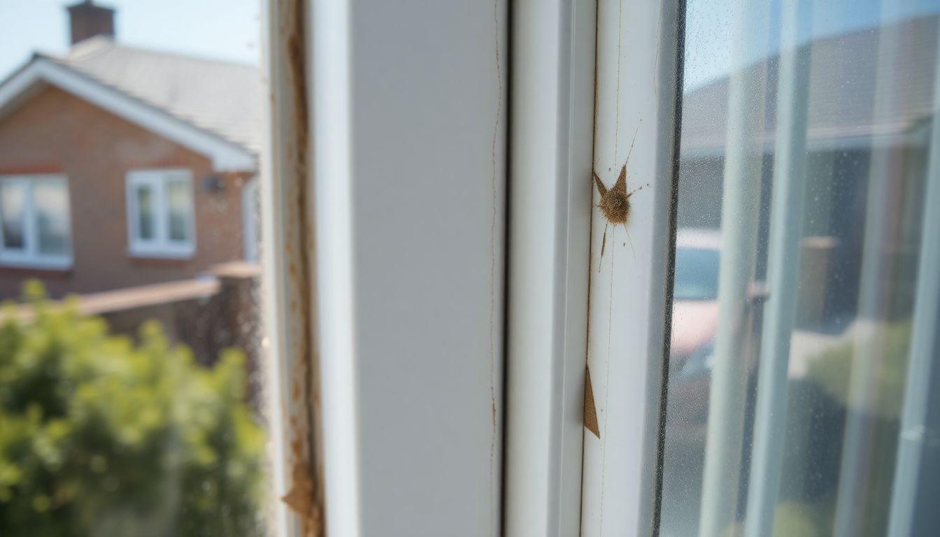 Een close-up foto van vuile witte plastic raamkozijnen.