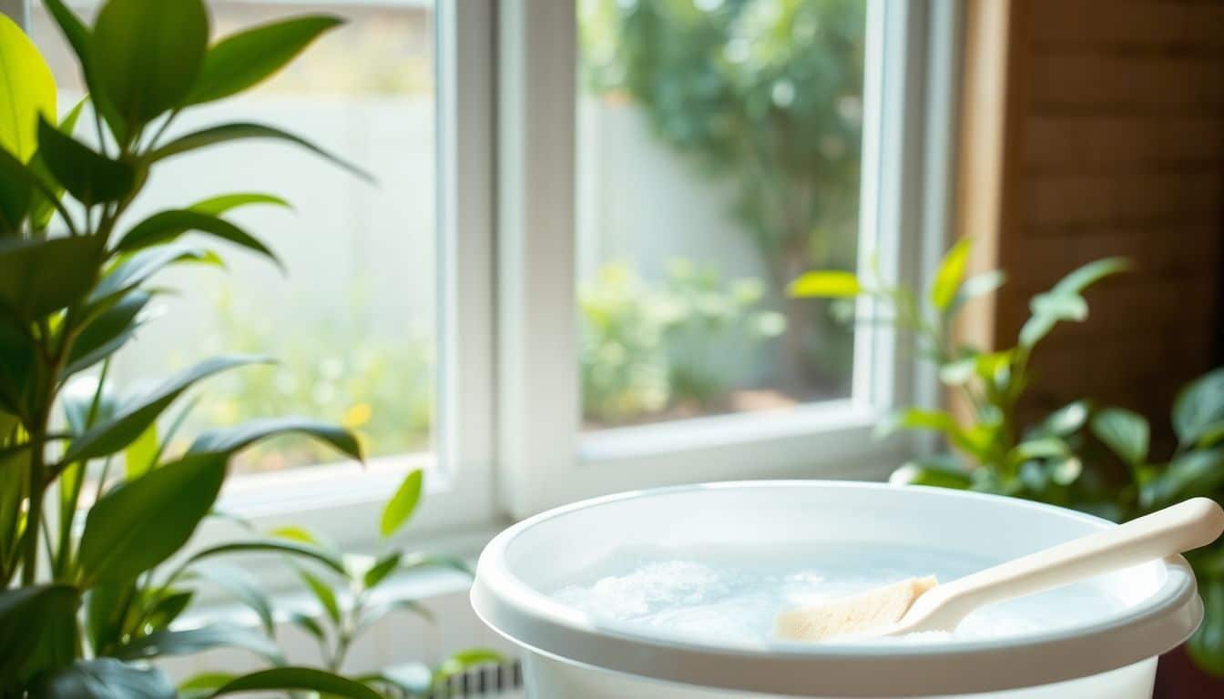 Een foto van schone plastic raamkozijnen in een achtertuin, met schoonmaakspullen op de voorgrond.
