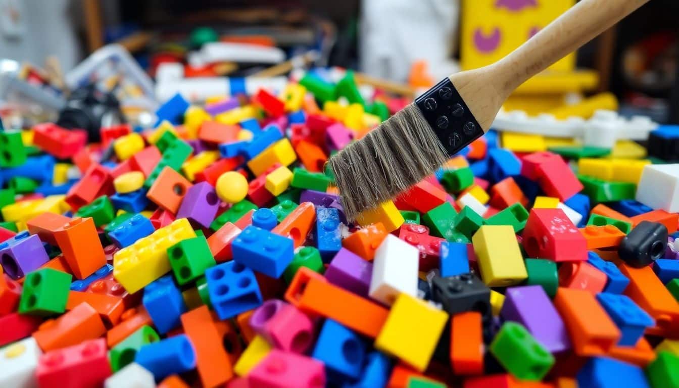 Een cluster van kleurrijke LEGO-stenen in een rommelige werkruimte.