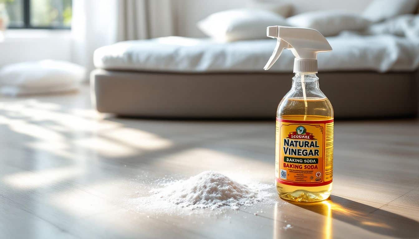 Een opgeruimde slaapkamer met schoonmaakbenodigdheden voor matras.