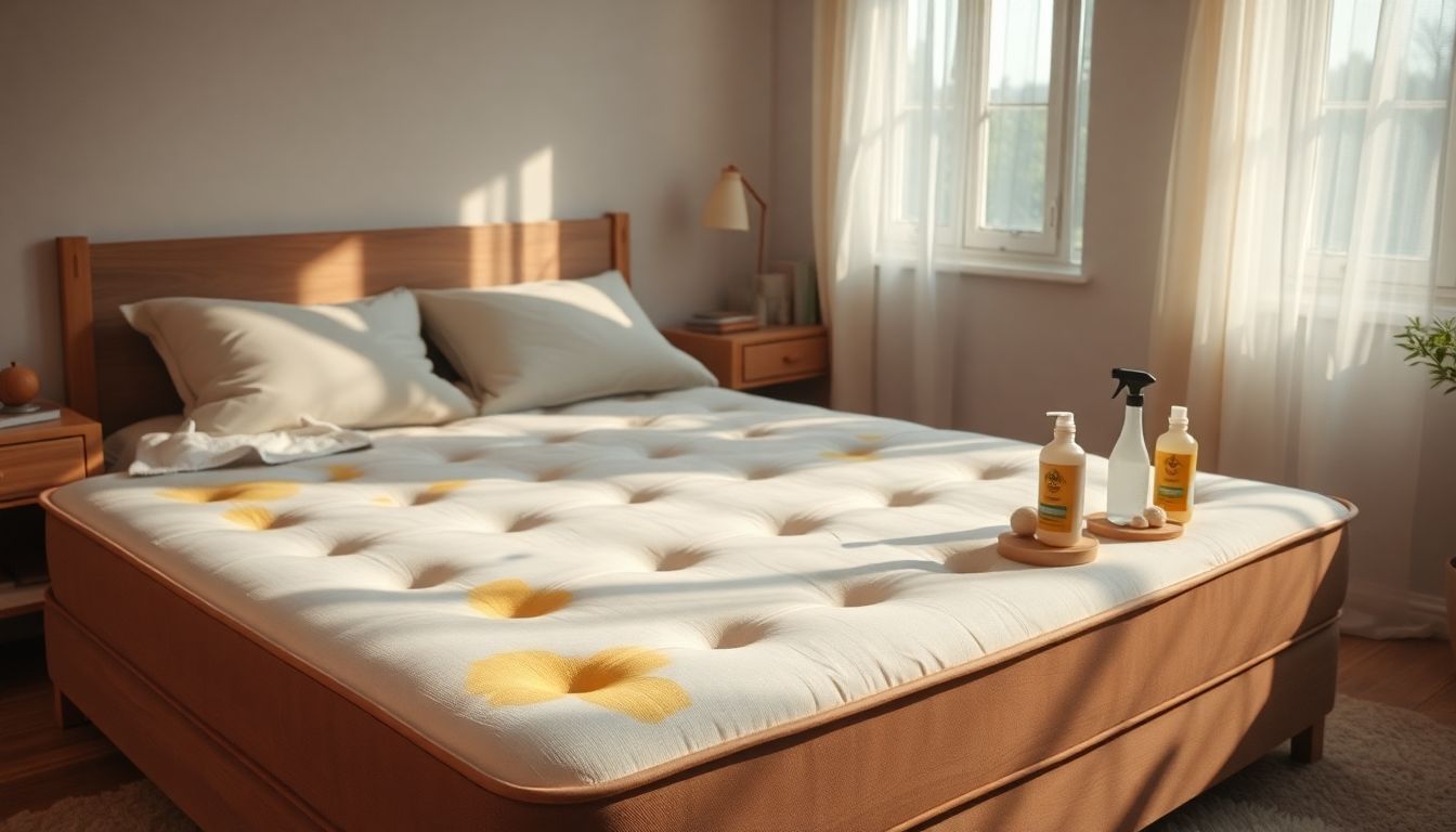 Een gezellige slaapkamer met een vlekkenverwijderende matras en reinigingsproducten.