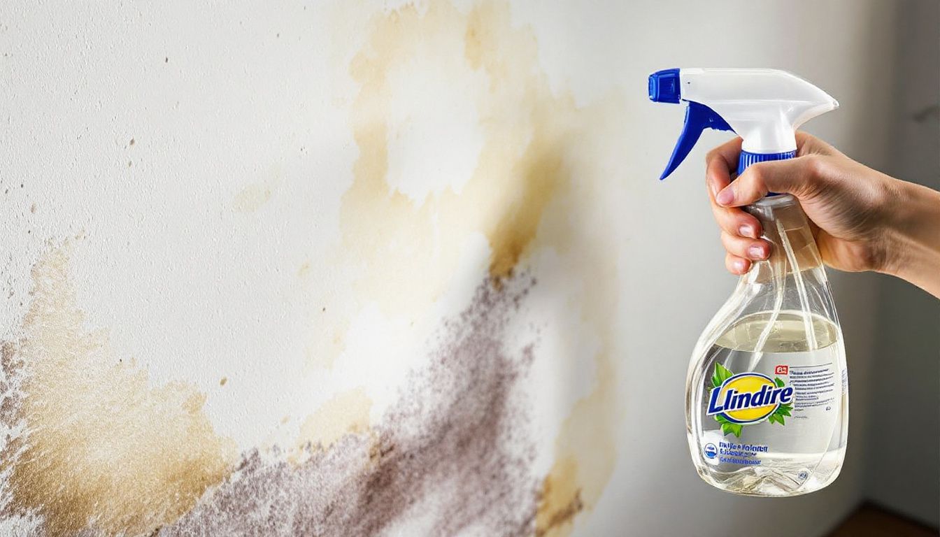 Een spuitfles met natuurlijke schoonmaakoplossing gericht op een vuile muur.