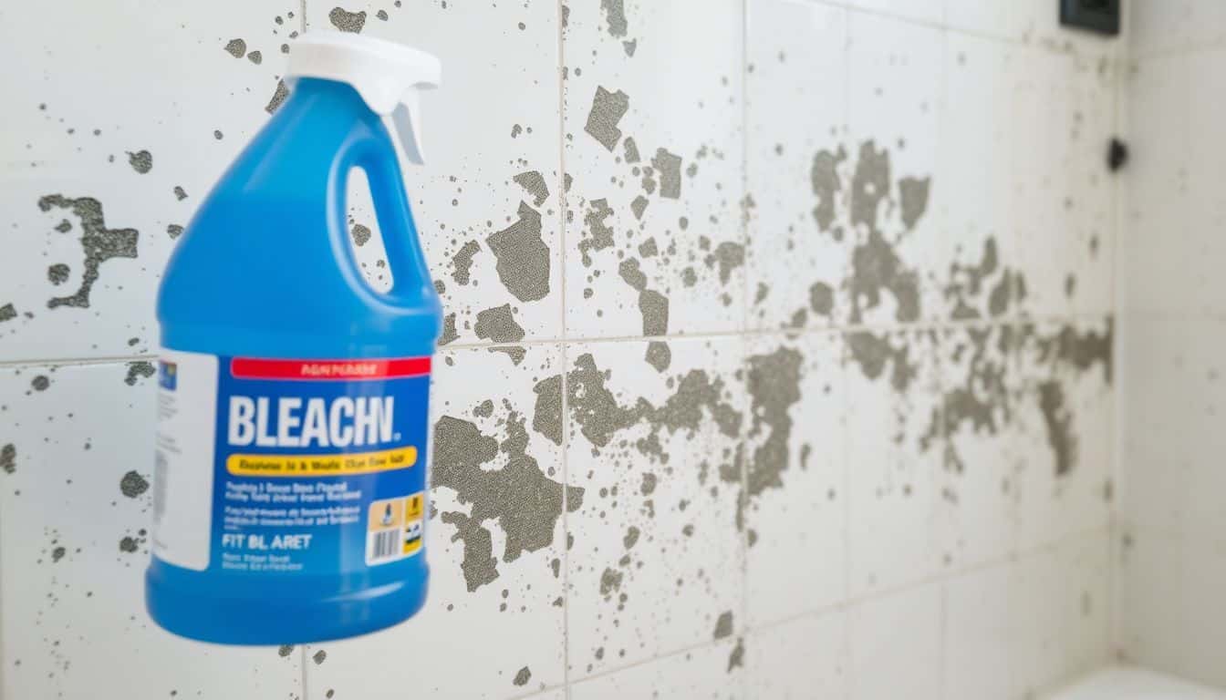 Schimmelbehandeling met bleekmiddel en water op badkamerwand.