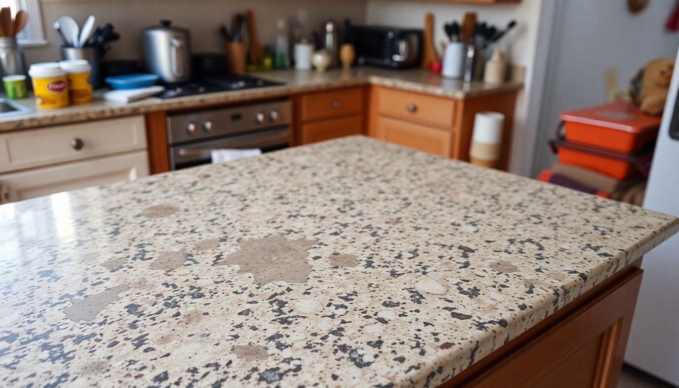 Een oude, versleten granieten keukenaanrecht met zichtbare vuil en verwaarlozing.