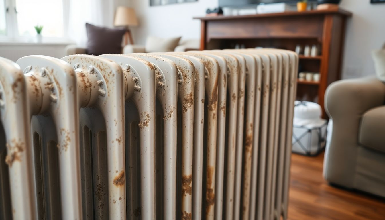 Een stoffige en vuile radiator in een gezellige woonkamer.