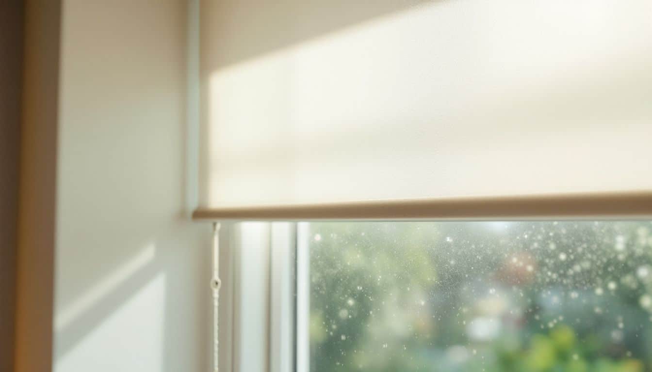 Een schone witte rolgordijn hangt in een zonnige woonkamer, waardoor natuurlijk licht binnenkomt.
