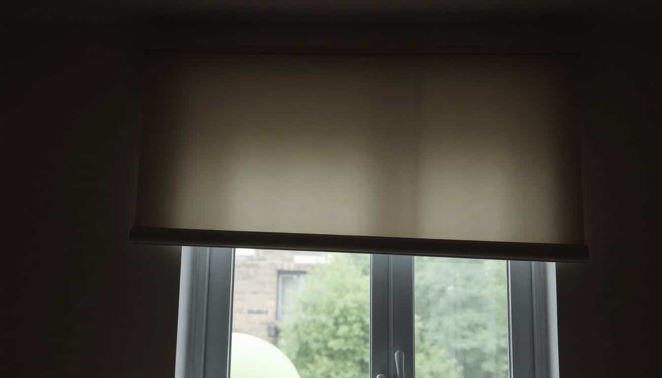 Een stoffige rolluik hangt in een verwaarloosde woonkamer.